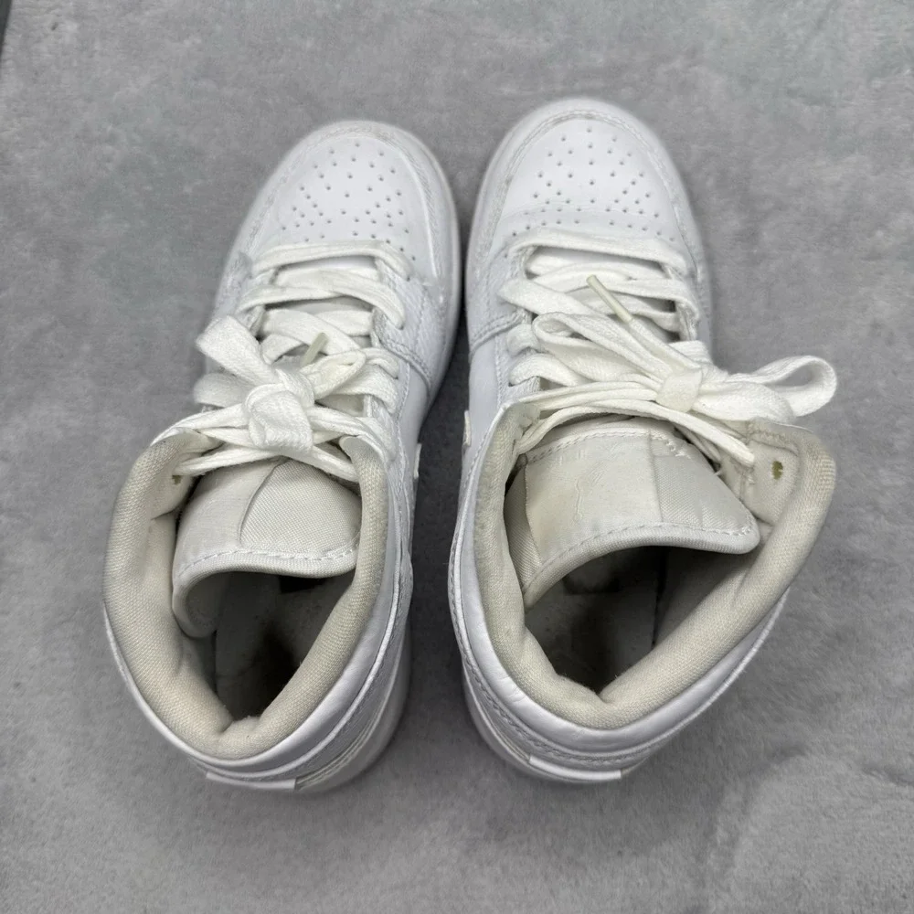 Air Jordan 1 Mid GS Triple White 3.5Y White Leather Sneakers 554725-130